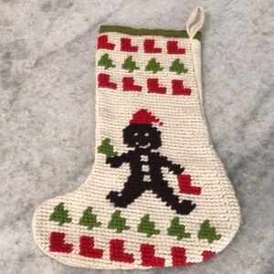 Vintage Christmas Stocking Gingerbread Man Needlepoint Red Green Handmade Retro